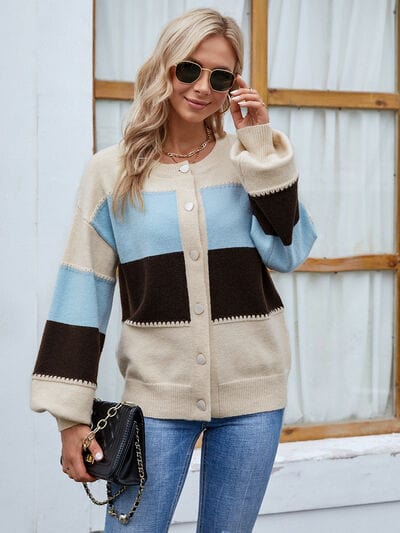 Light Gray Color Block Button Up Lantern Sleeve Cardigan