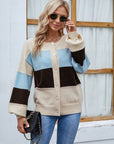 Light Gray Color Block Button Up Lantern Sleeve Cardigan