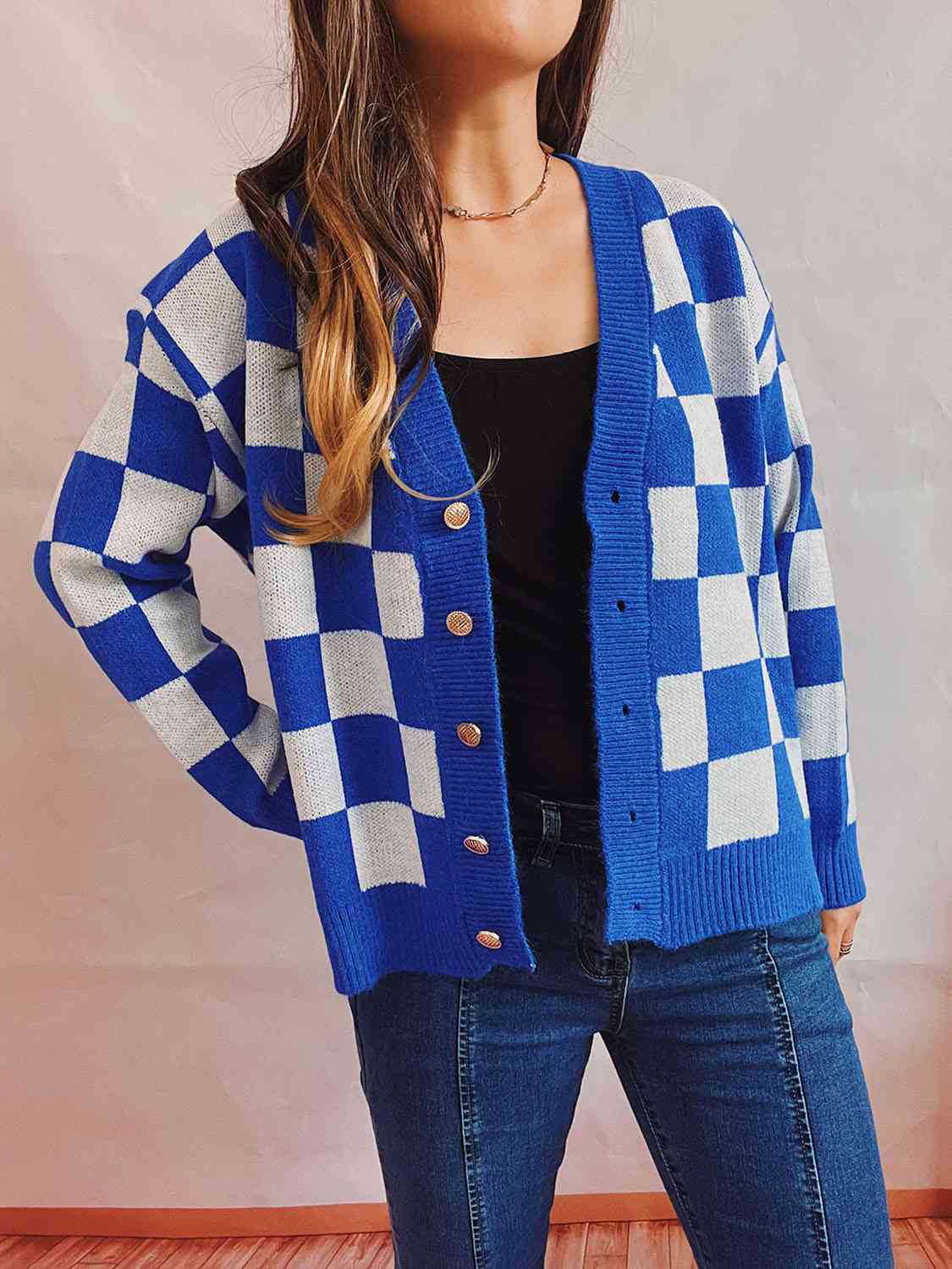 Midnight Blue Checkered Open Front Button Up Cardigan Sentient Beauty Fashions Apparel &amp; Accessories