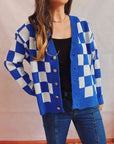 Midnight Blue Checkered Open Front Button Up Cardigan Sentient Beauty Fashions Apparel & Accessories