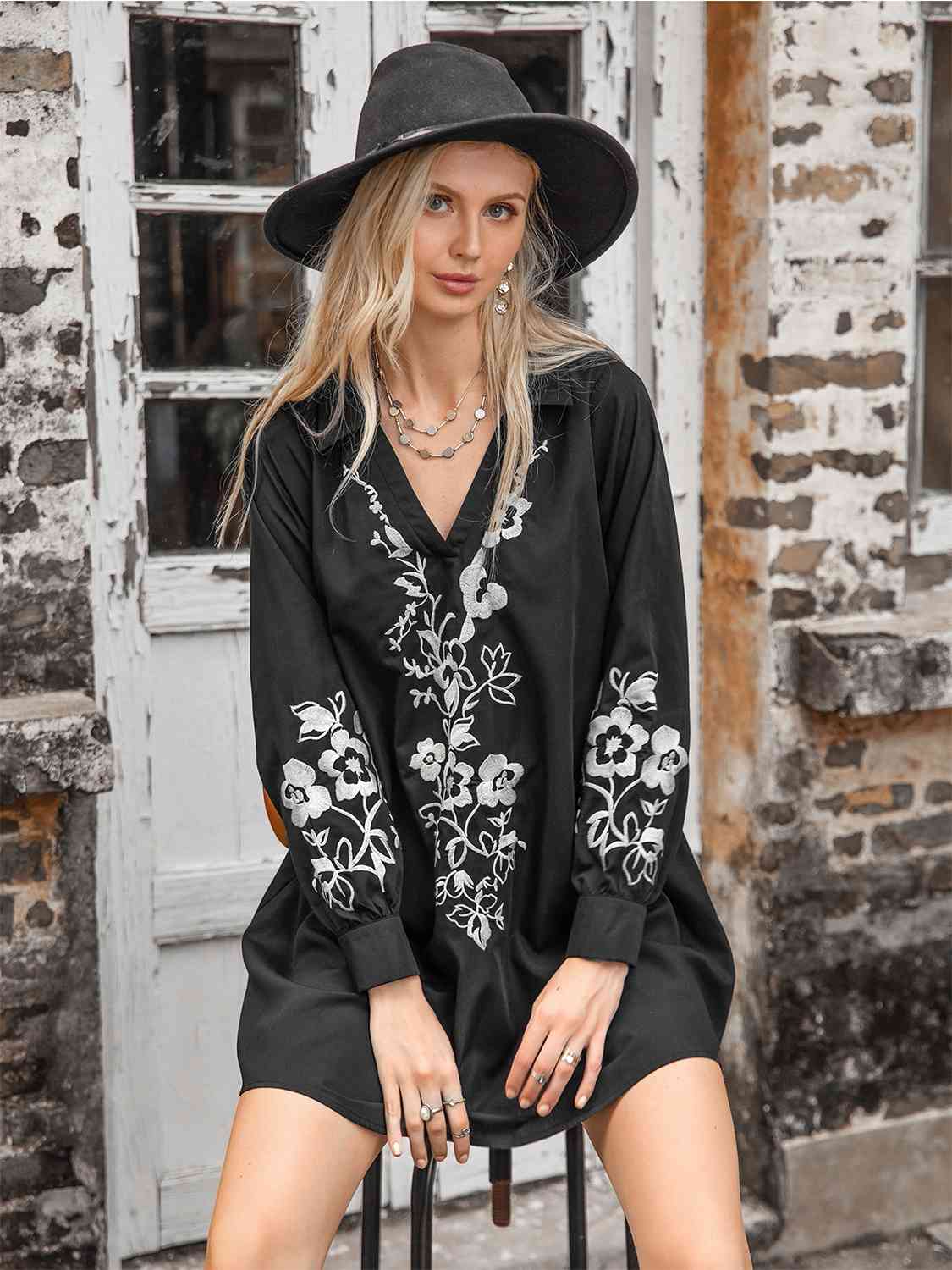 Dark Gray Floral Collared Neck Long Sleeve Dress Sentient Beauty Fashions Apparel &amp; Accessories