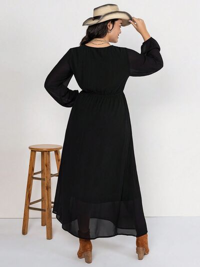 Plus Size Embroidered Tie Neck Long Sleeve Dress
