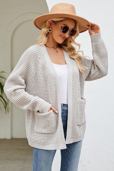 Gray Open Front Raglan Sleeve Pocketed Cardigan