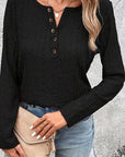 Black Openwork Half Button Long Sleeve Blouse