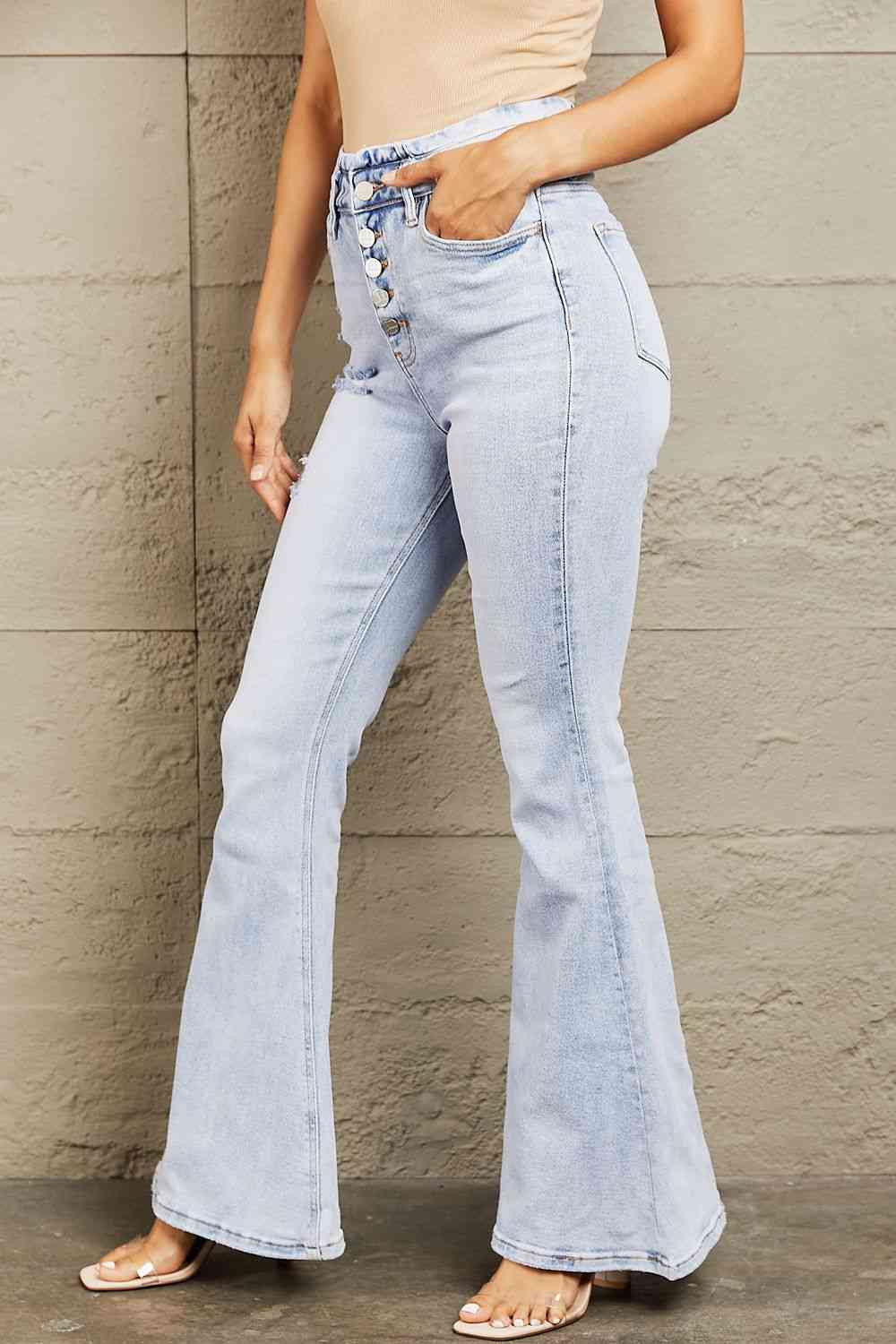 Rosy Brown BAYEAS High Waisted Button Fly Flare Jeans Sentient Beauty Fashions Apparel &amp; Accessories