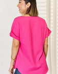 Deep Pink Zenana V-Neck Rolled Short Sleeve T-Shirt