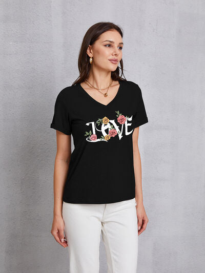 Gray LOVE V-Neck Short Sleeve T-Shirt Sentient Beauty Fashions Apparel & Accessories