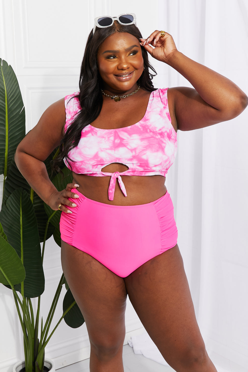 Dark Slate Gray Marina West Swim Sanibel Crop Swim Top and Ruched Bottoms Set in Pink Sentient Beauty Fashions Swimwear