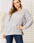 Light Gray Woven Right Cable-Knit Hooded Sweater Sentient Beauty Fashions Apparel & Accessories