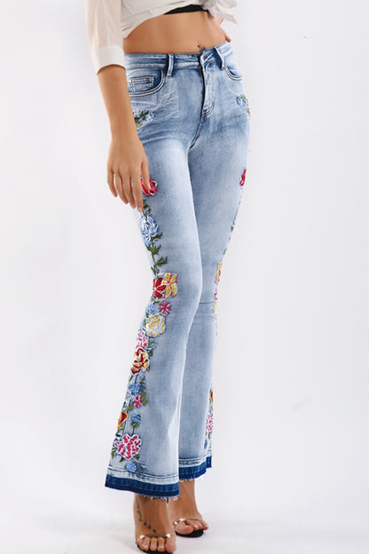 Full Size Flower Embroidery Wide Leg Jeans