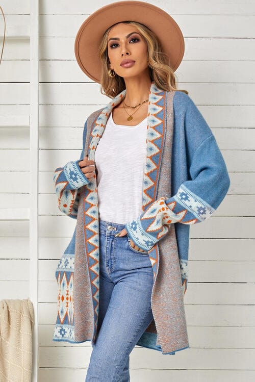 Light Gray Geometric Open Front Long Sleeve Cardigan