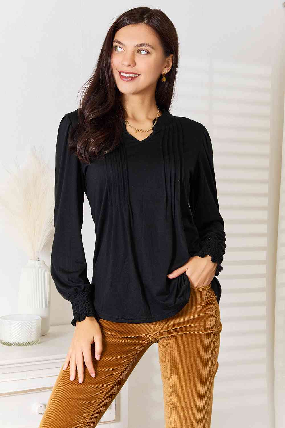 Black Double Take Ruched Notched Neck Puff Sleeve Blouse Sentient Beauty Fashions Apparel & Accessories