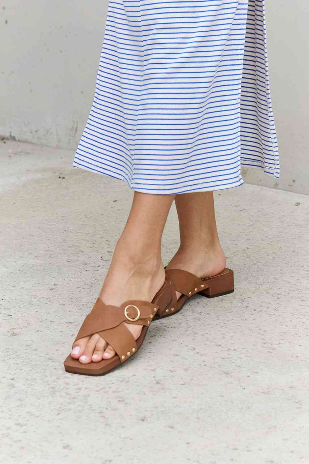 Gray Forever Link Square Toe Cross Strap Buckle Clog Sandal in Ochre Sentient Beauty Fashions Shoes