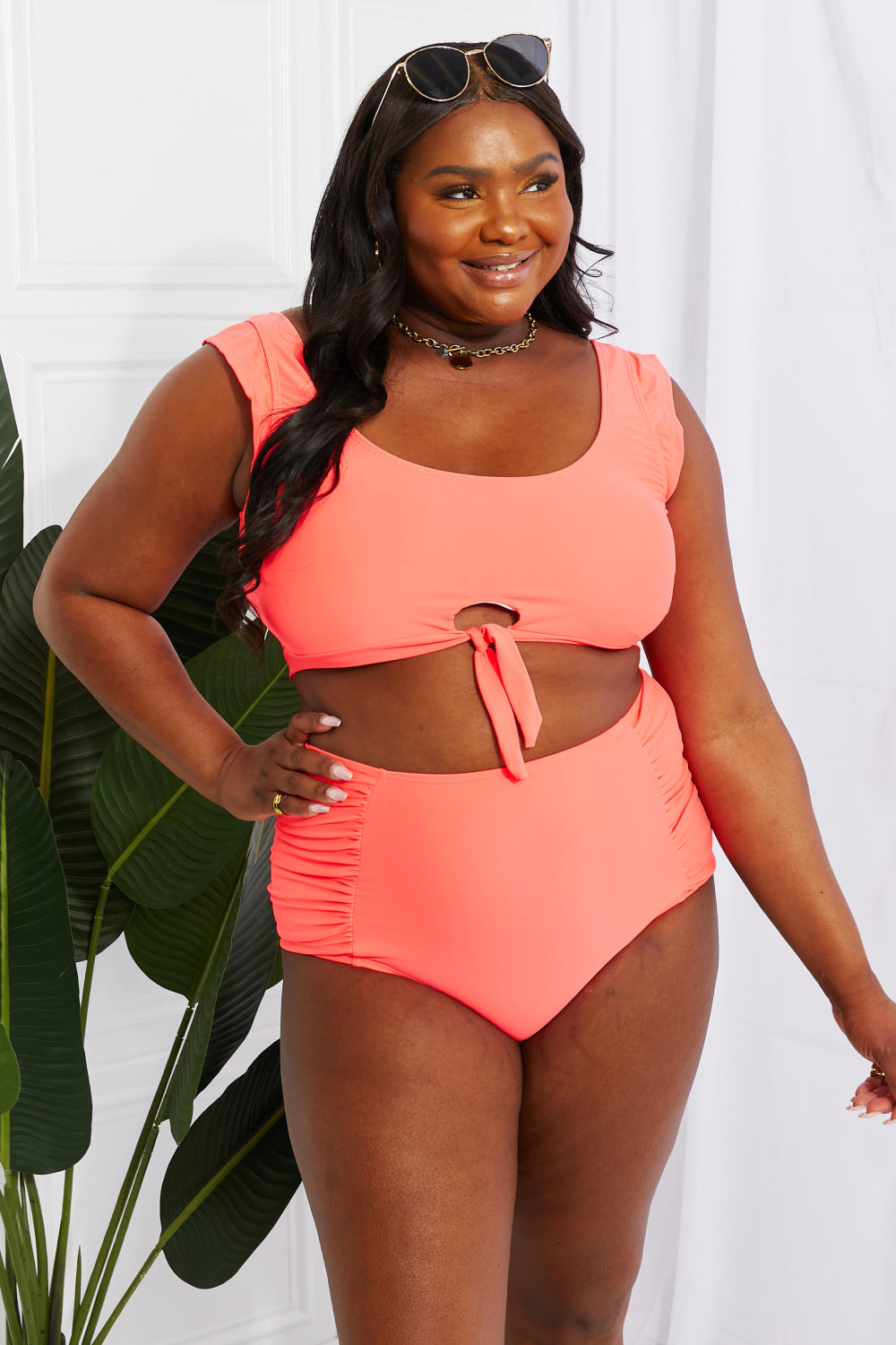 Black Marina West Swim Sanibel Crop Swim Top and Ruched Bottoms Set in Coral Sentient Beauty Fashions Swimwear