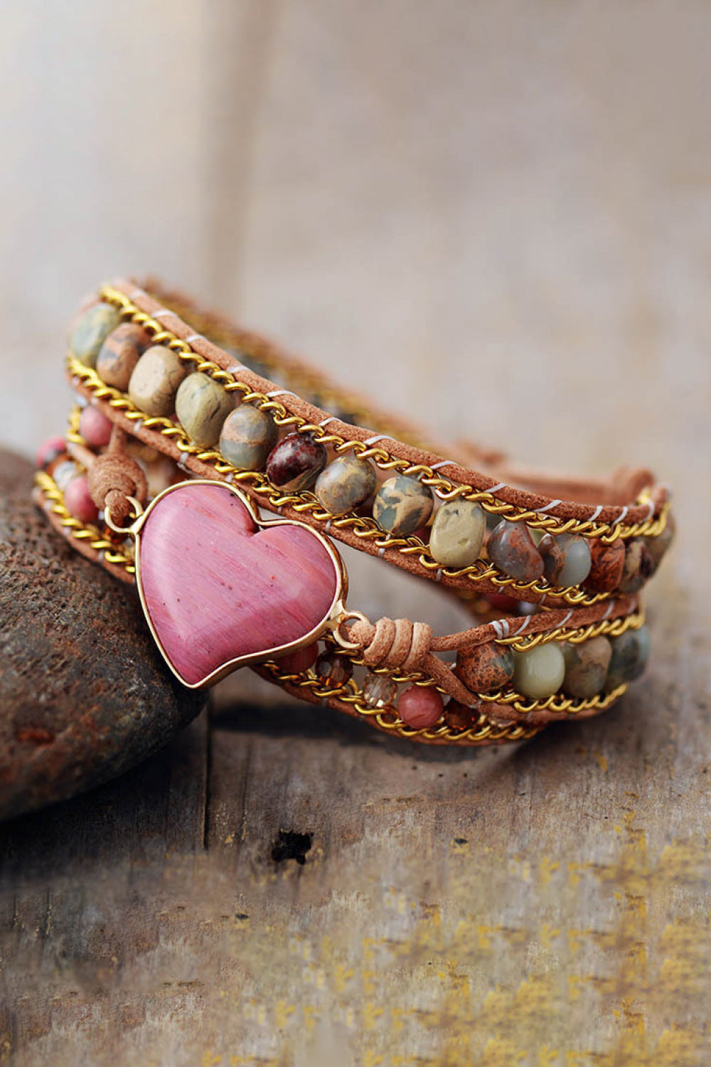 Rosy Brown Handmade Heart Shape Triple Layer Beaded Bracelet Sentient Beauty Fashions jewelry