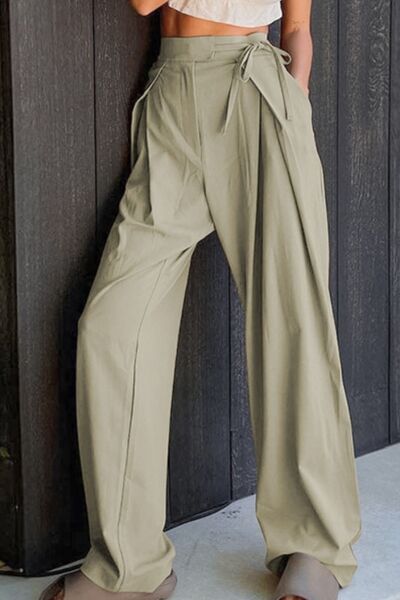 Dark Slate Gray Tied High Waist Wide Leg Pants Sentient Beauty Fashions Apparel &amp; Accessories
