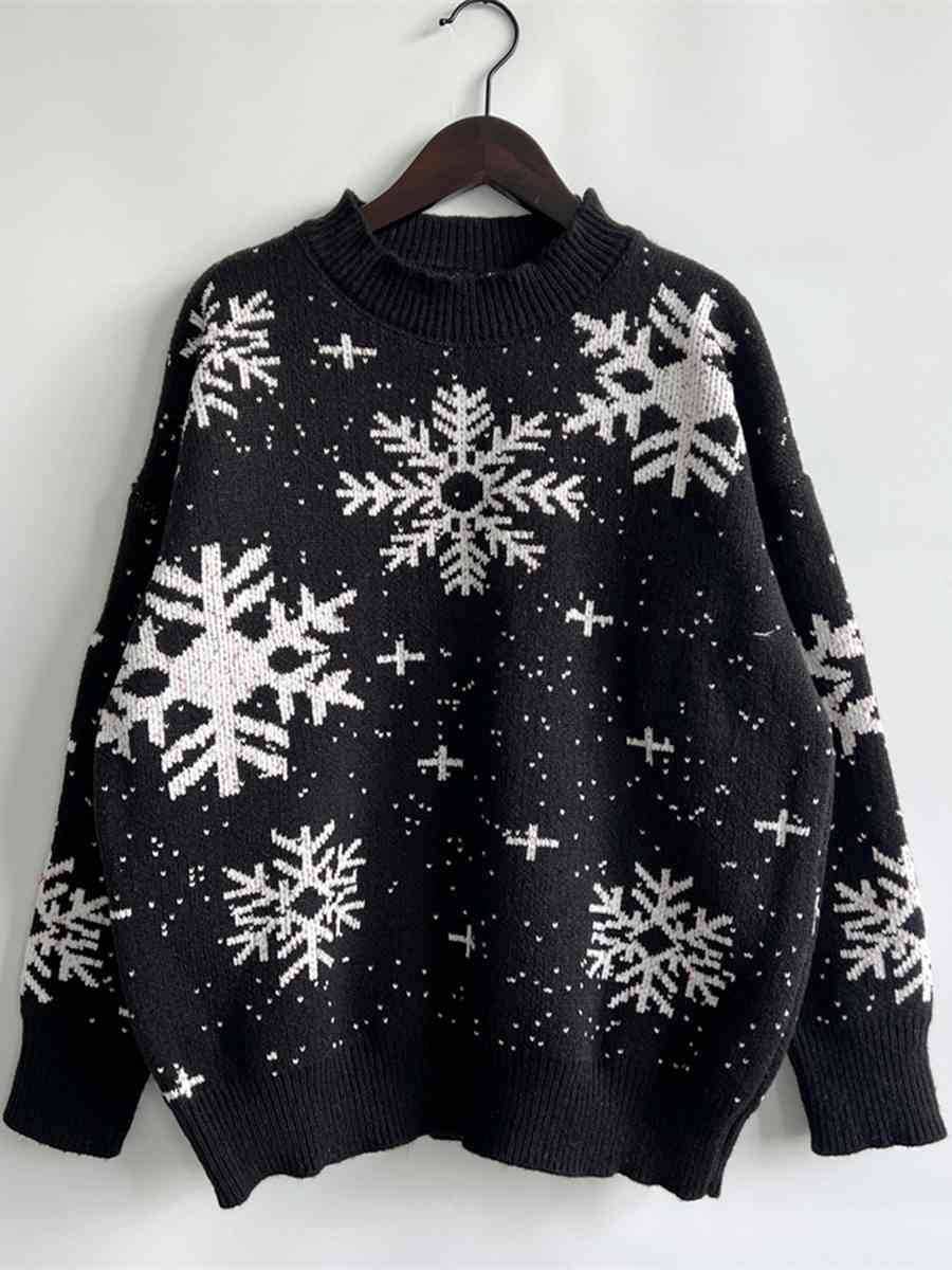 Black Snowflake Pattern Dropped Shoulder Sweater