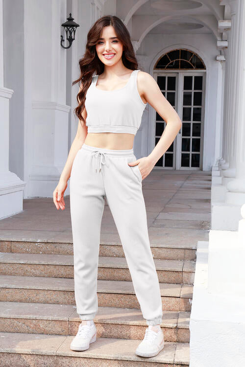 Gray Waffle-Knit Cropped Tank and Drawstring Pants Set Sentient Beauty Fashions Apparel &amp; Accessories