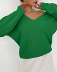 Light Gray V-Neck Dropped Shoulder Long Sleeve Sweater Sentient Beauty Fashions Apparel & Accessories
