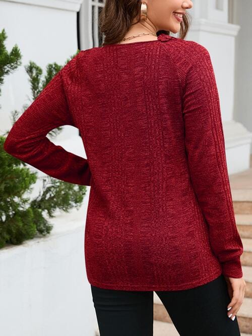 Dark Red Texture Round Neck Long Sleeve Knit Top