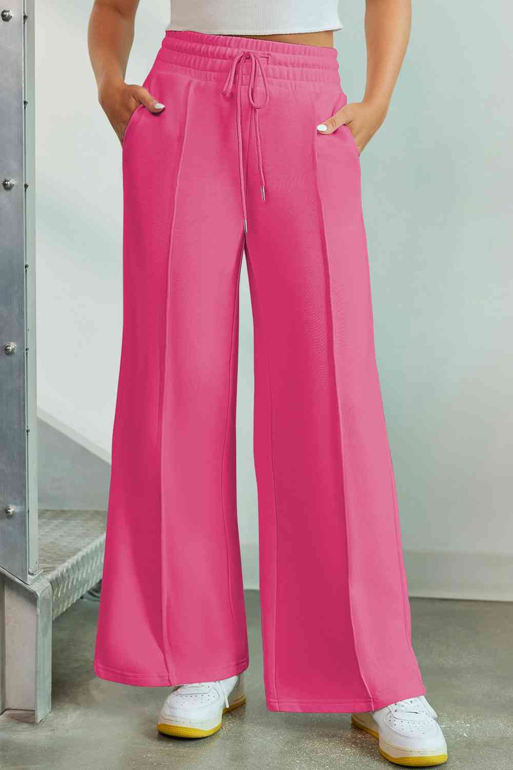 Rosy Brown Drawstring Wide Leg Pants with Pockets