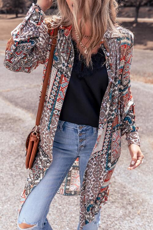 Gray Printed Open Front Collared Neck Cardigan