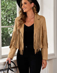 Rosy Brown Fringe Trim Lapel Collar Cropped Blazer Sentient Beauty Fashions Apparel & Accessories