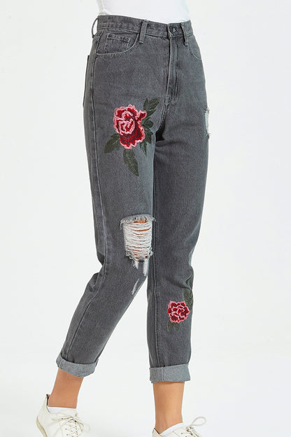 Dim Gray Flower Embroidery Distressed Jeans
