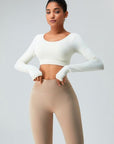 Light Gray Cutout Round Neck Long Sleeve Active T-Shirt Sentient Beauty Fashions Apparel & Accessories