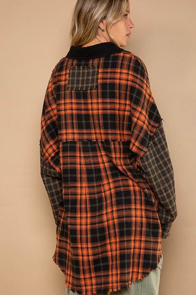 Tan POL Plaid Contrast Long Sleeve Raw Hem Shacket with Chest Pockets Sentient Beauty Fashions Apparel & Accessories