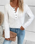 Light Gray Openwork Half Button Long Sleeve Blouse