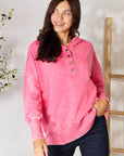 Thistle Zenana Half Snap Long Sleeve Hoodie with Pockets Sentient Beauty Fashions Apparel & Accessories