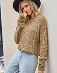 Gray Cable-Knit Round Neck Dropped Shoulder Sweater