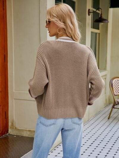 Rosy Brown Contrast Button Up Dropped Shoulder Cardigan