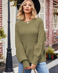 Dim Gray Ribbed Drop Shoulder Lantern Sleeve Sweater