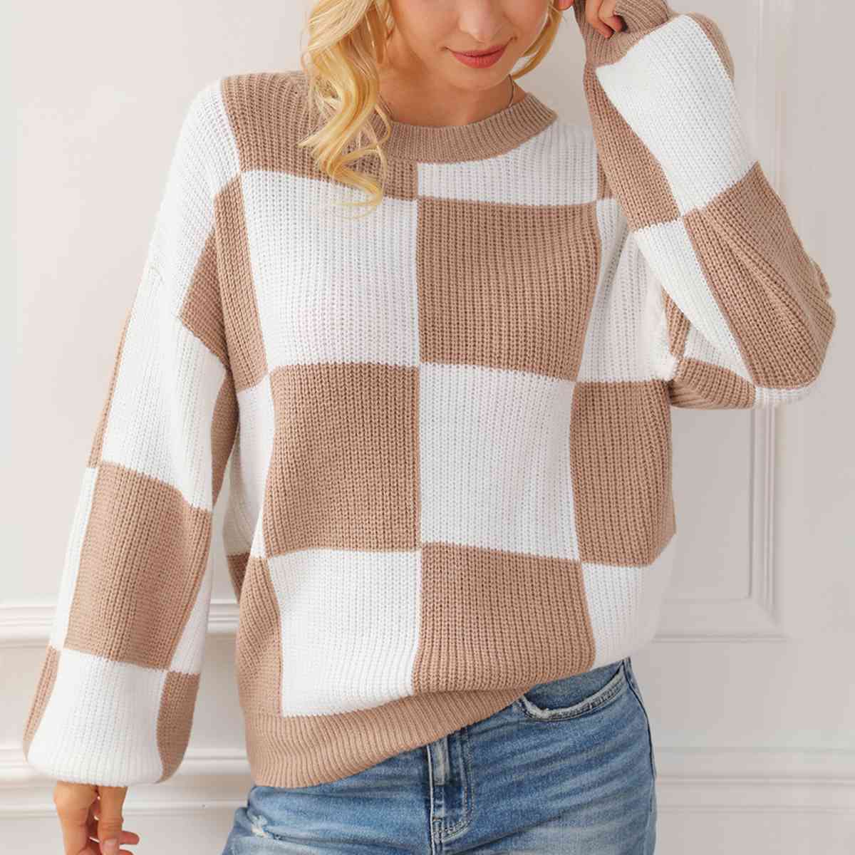 Light Gray Checkered Round Neck Drop Shoulder Long Sleeve Sweater Sentient Beauty Fashions Apparel &amp; Accessories
