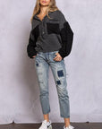 Gray POL Oversize Contrast Long Sleeve Half Button Blouse Sentient Beauty Fashions Apparel & Accessories