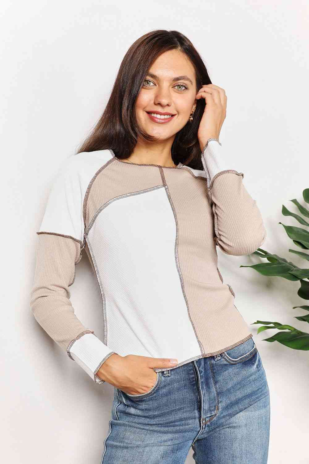 Light Gray Double Take Color Block Exposed Seam Top Sentient Beauty Fashions Apparel &amp; Accessories