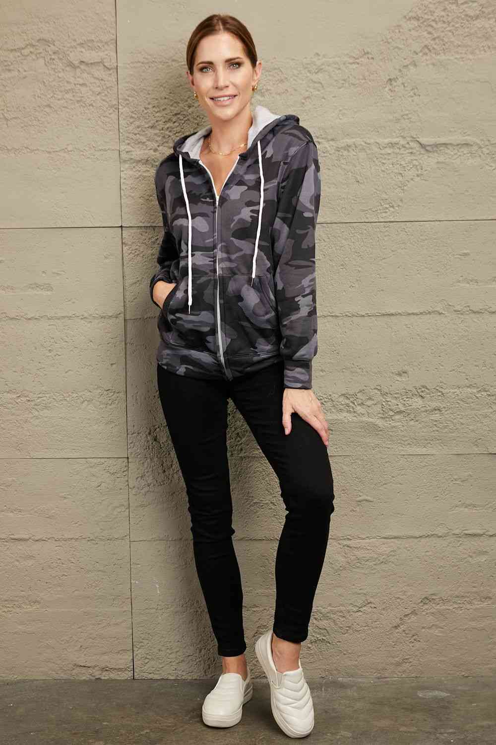 Rosy Brown Double Take Camouflage Drawstring Detail Zip Up Hooded Jacket Sentient Beauty Fashions Apparel &amp; Accessories