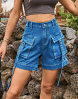 Dark Slate Gray High Waist Denim Cargo Shorts