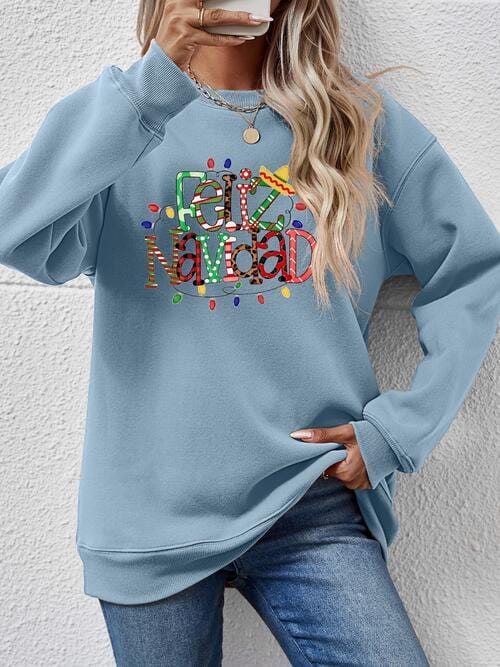 Light Slate Gray FELIZ NAVIDAD Round Neck Drop Shoulder Sweatshirt