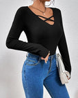 Dark Slate Gray Ribbed Crisscross V-Neck Long Sleeve Knit Top