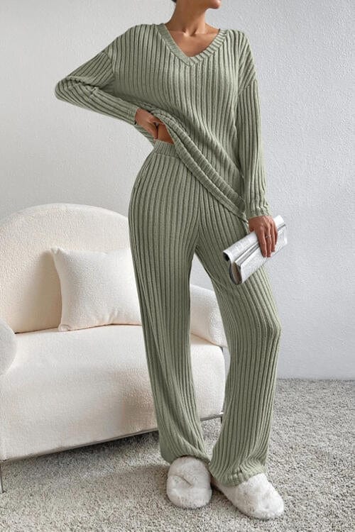 Gray Ribbed V-Neck Top and Pants Set Sentient Beauty Fashions Apparel &amp; Accessories