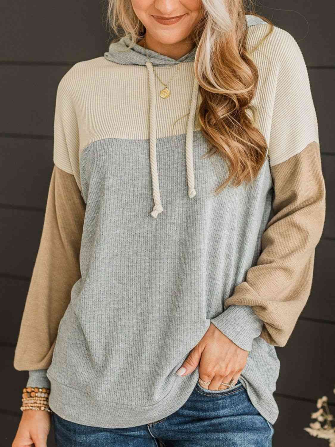 Dark Gray Color Block Drawstring Long Sleeve Hoodie