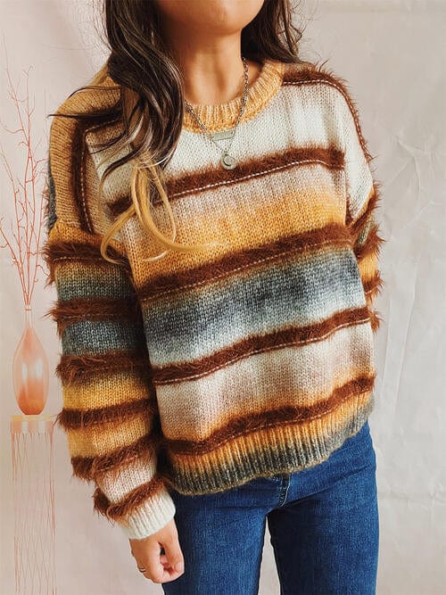 Gray Striped Round Neck Long Sleeve Sweater