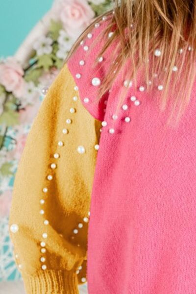 Dark Salmon BiBi Color Block Pearl Decor Cropped Sweater Sentient Beauty Fashions Apparel &amp; Accessories