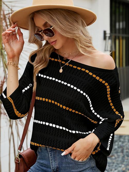 Gray Eyelet Striped Round Neck Knit Top Sentient Beauty Fashions Apparel &amp; Accessories