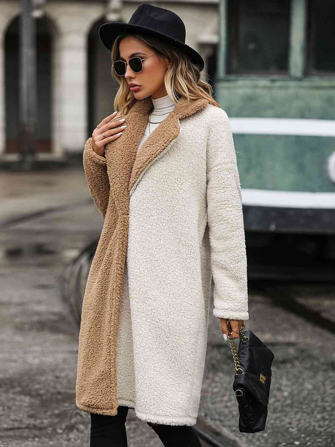 Dim Gray Contrast Dropped Shoulder Sherpa Coat