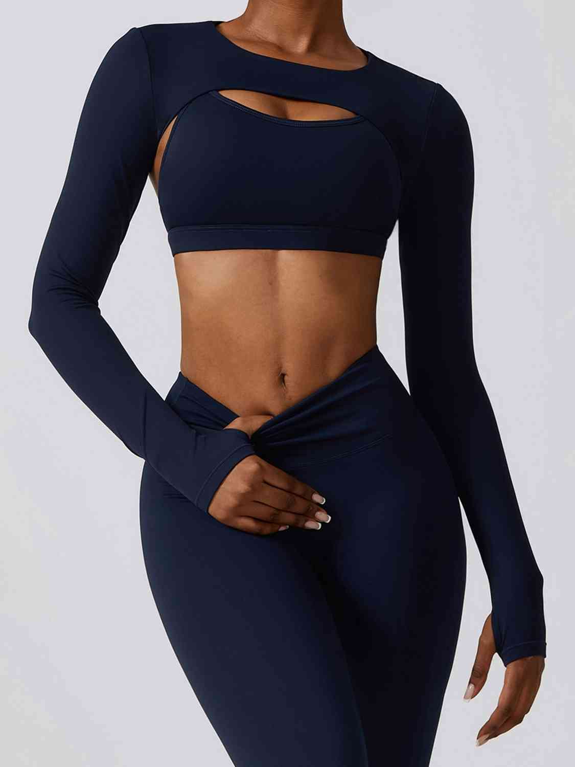 Black Cropped Cutout Long Sleeve Sports Top Sentient Beauty Fashions Apparel & Accessories