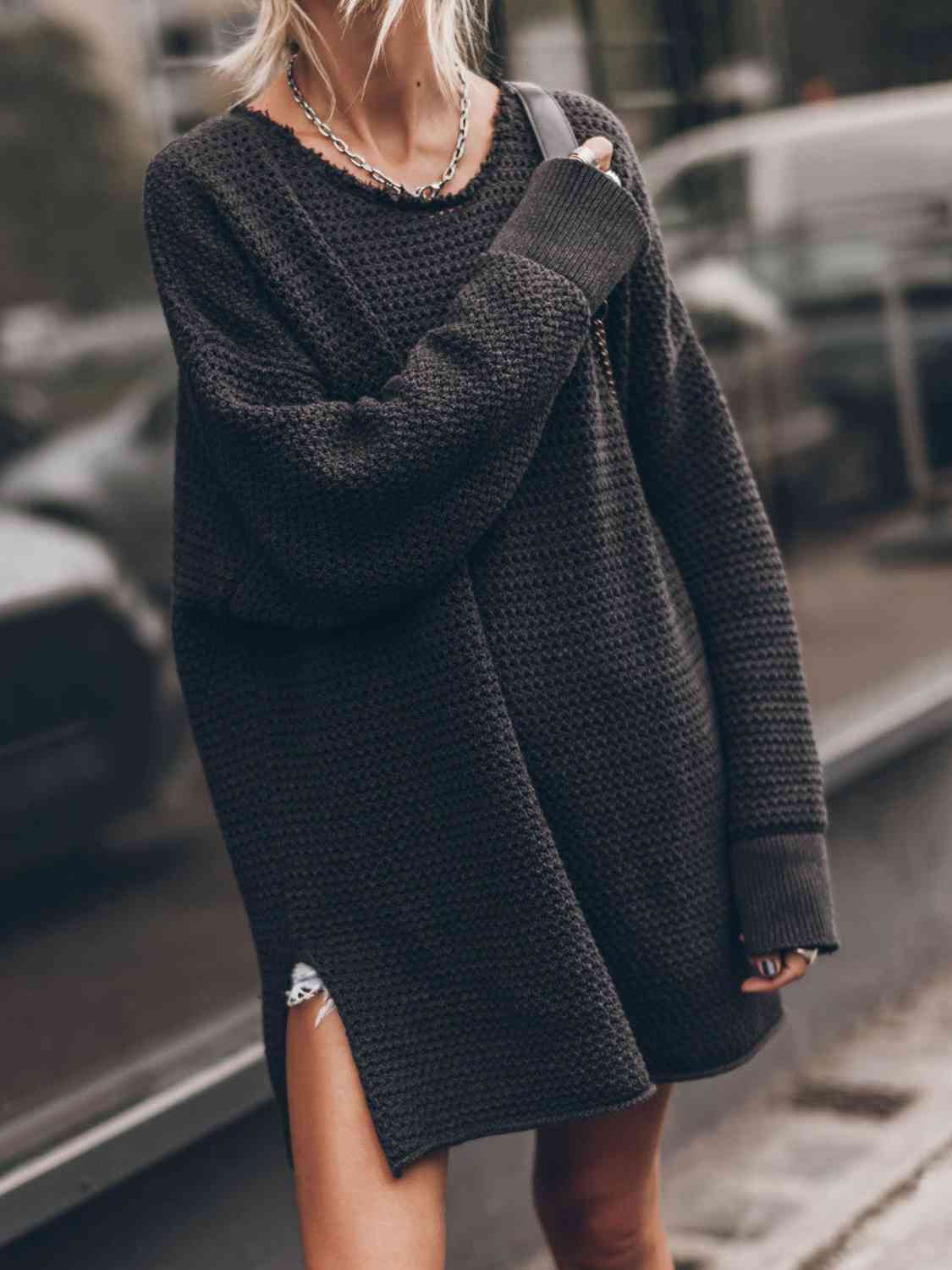 Dark Slate Gray Openwork Round Neck Long Sleeve Slit Sweater